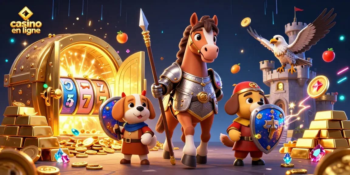 Jouez aux jeux de casino en ligne avec cette illustration animée captivante, présentant un chevalier et ses alliés.