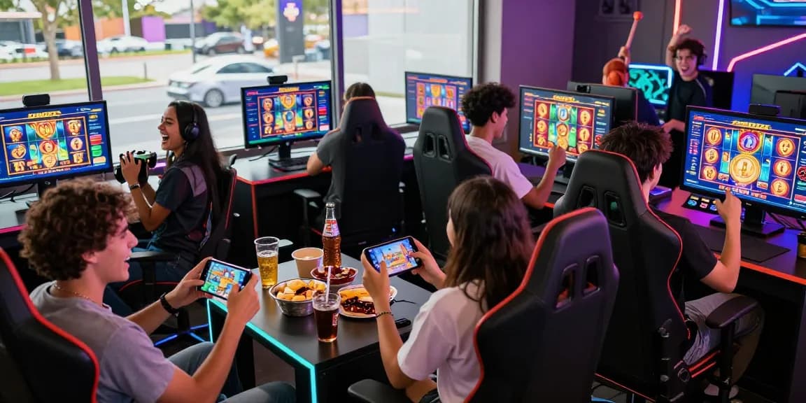 Exciting group of friends playing slot games on mobile devices at a vibrant gaming night.