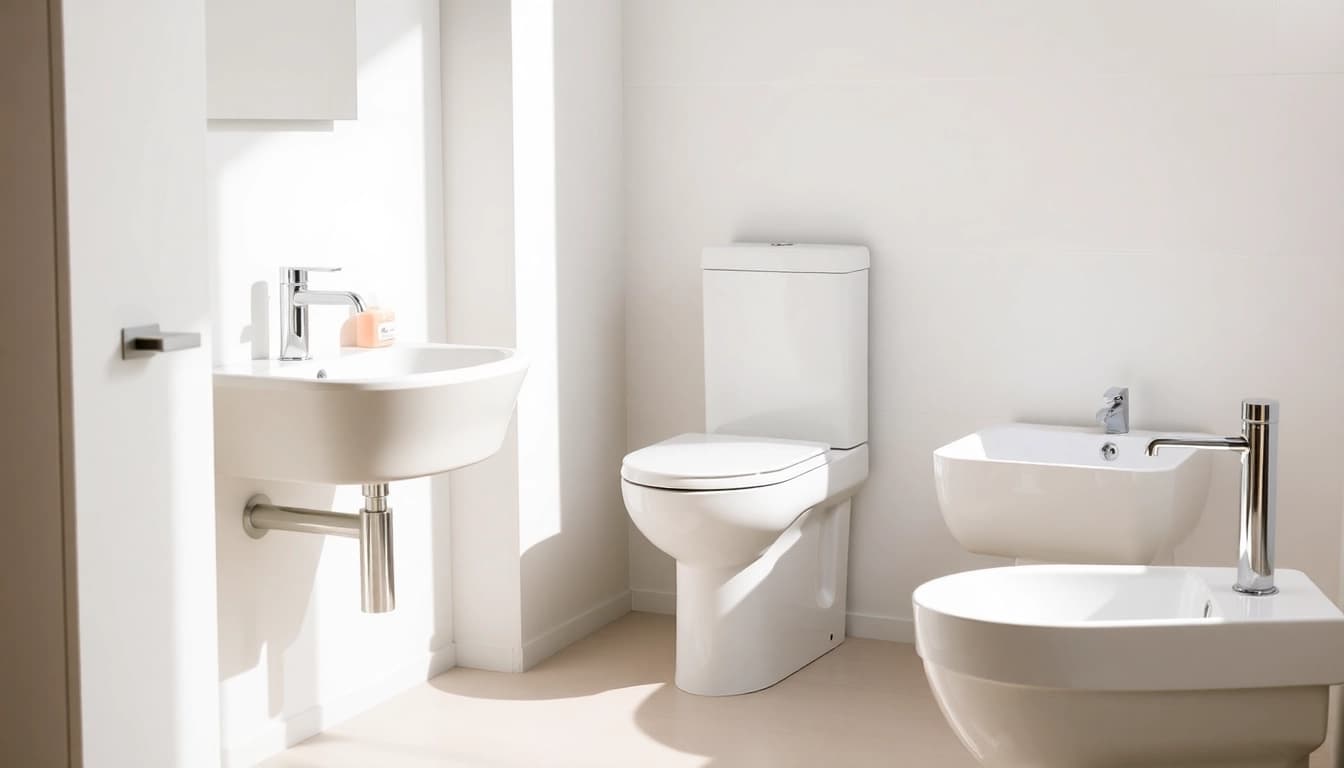 Sanitari moderni ben posizionati in un bagno elegante e luminoso.