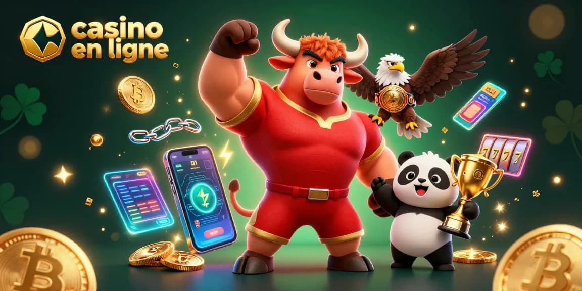 Gagnez avec un jeu de casino en ligne, illustré par un taureau musclé et des éléments de jeu.