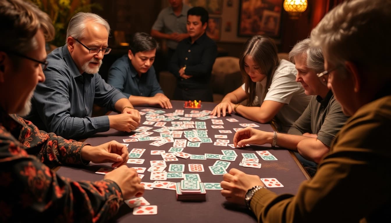 Players enjoying Rummy nabob, engaged in a lively card game with colorful cards spread out.