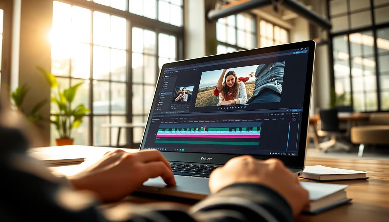 Creating subtitles with an efficient SRT Generator tool displayed on a laptop.