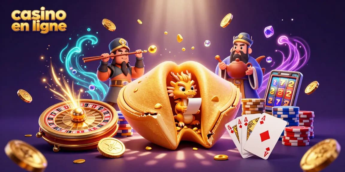 Visitez le casino en ligne avec une illustration 3D d'un cookie de fortune doré et un dragon sage.