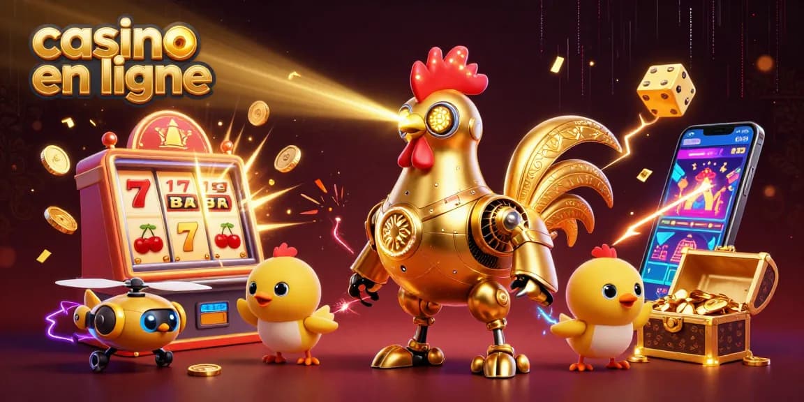 Découvrez une scène dynamique de casino en ligne avec un robot coq et des drones, animations de jeux captivants.