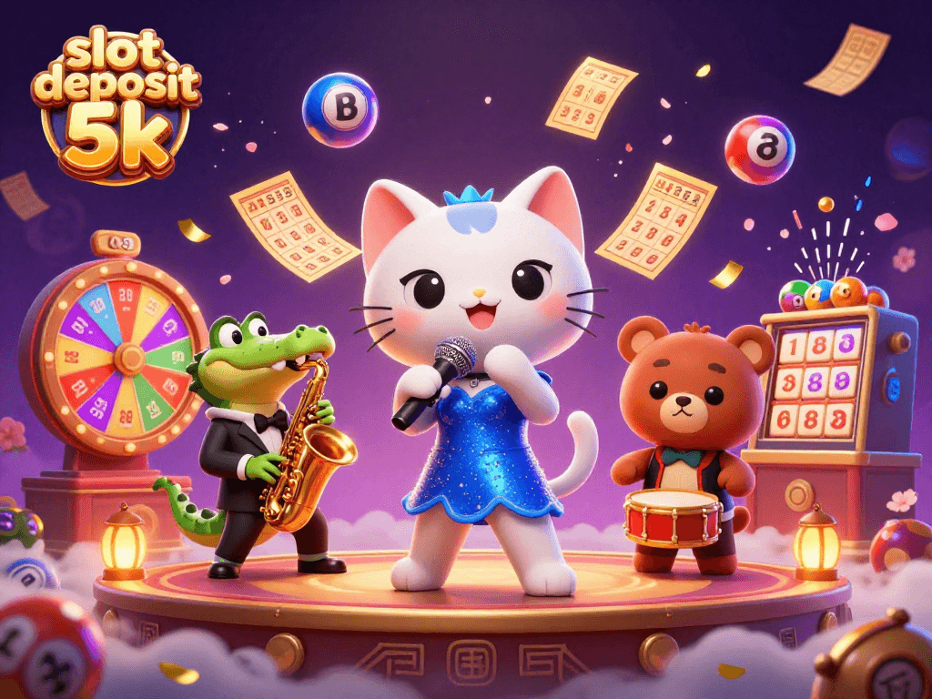 Engage with the slot deposit 5k scene featuring a jazz-singer cat, crocodile saxophonist, and bear cub drummer.