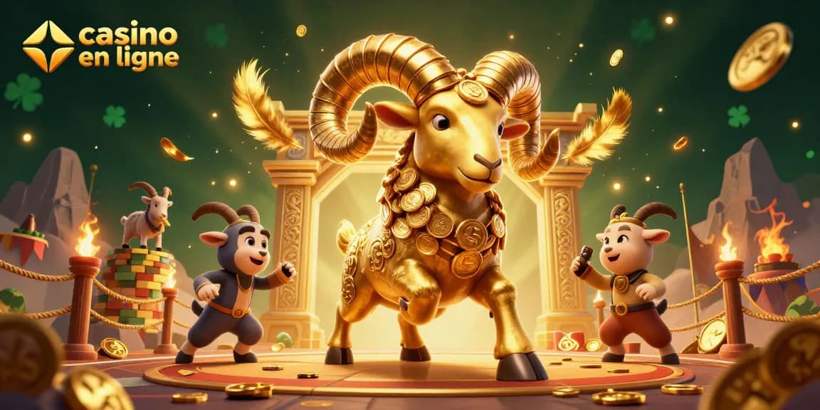 Illustration dynamique d'un ram doré dans un casino en ligne, entouré de pièces d'or et d'effets de feu.