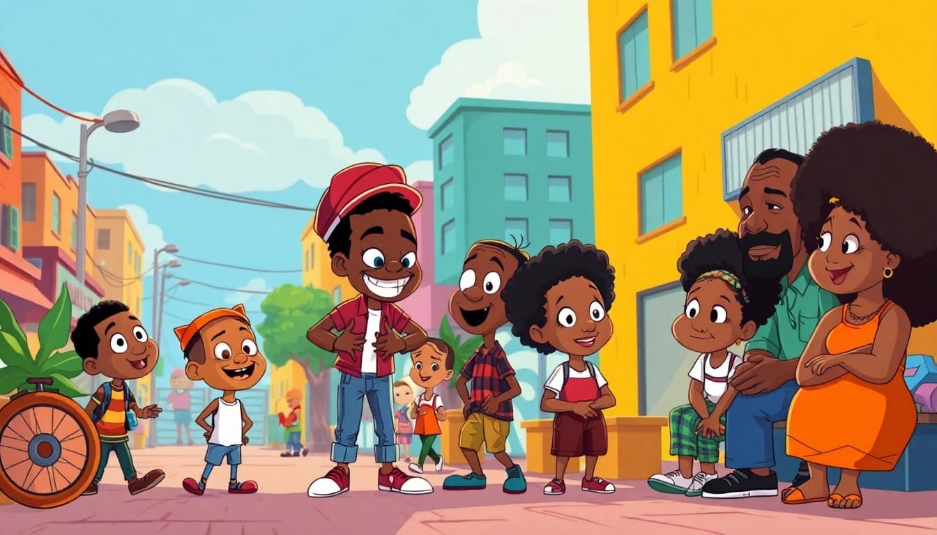 A lively illustration showcasing African American Cartoons characters engaging in fun activities, set against a colorful urban backdrop.