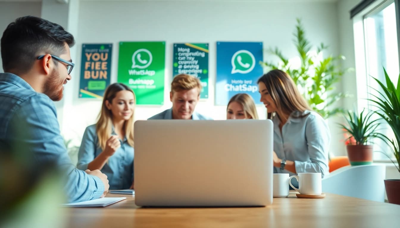 Engaged team showcasing WhatsApp Business CRM in a collaborative office environment