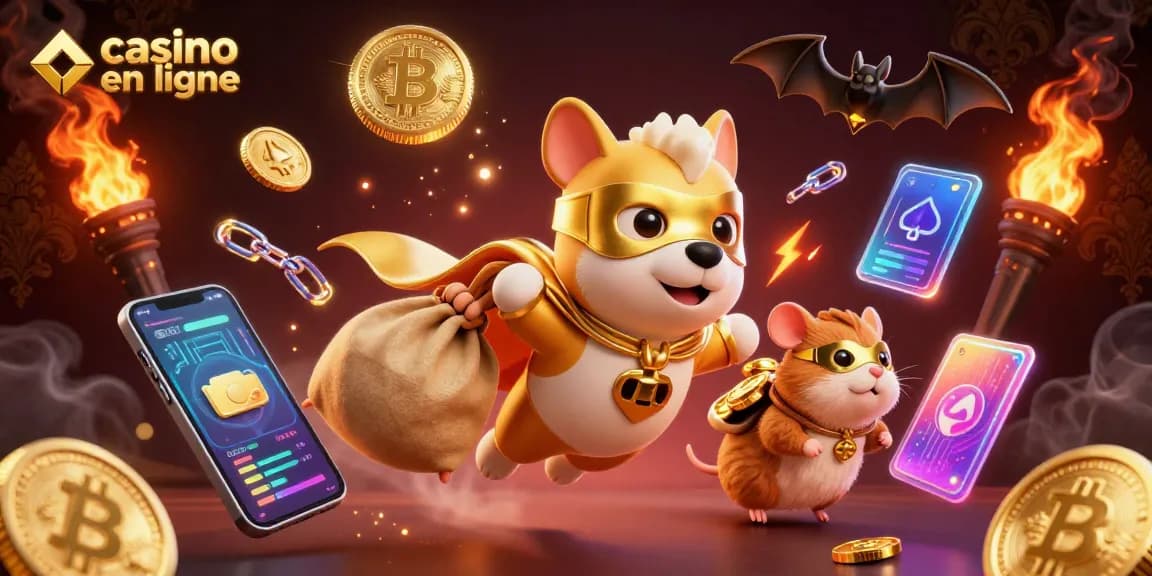 Vivez le frisson du casino en ligne avec ce chien super-héros en vol, transportant des pièces d'or.