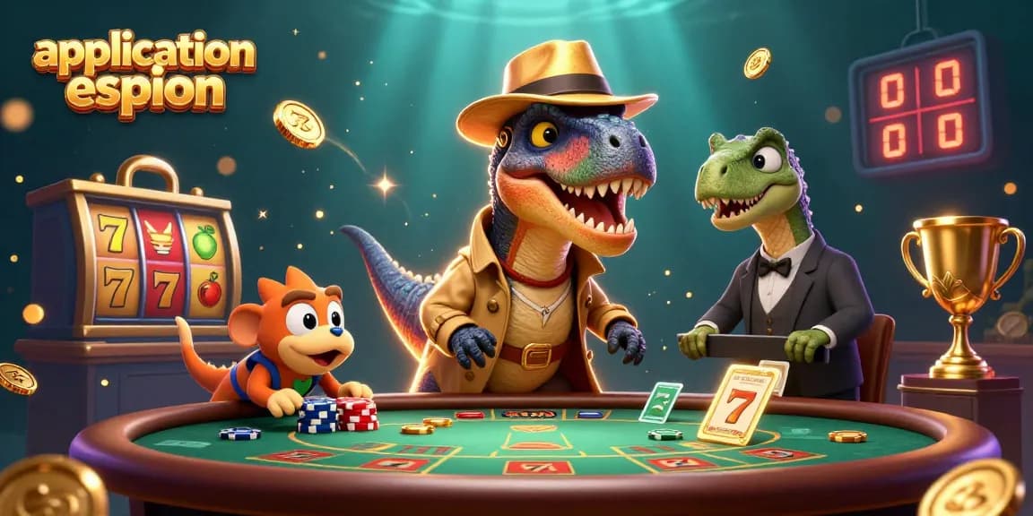 Application espion présente une scène de casino avec des personnages animés jouant aux machines à sous et des jetons volant dynamiquement.