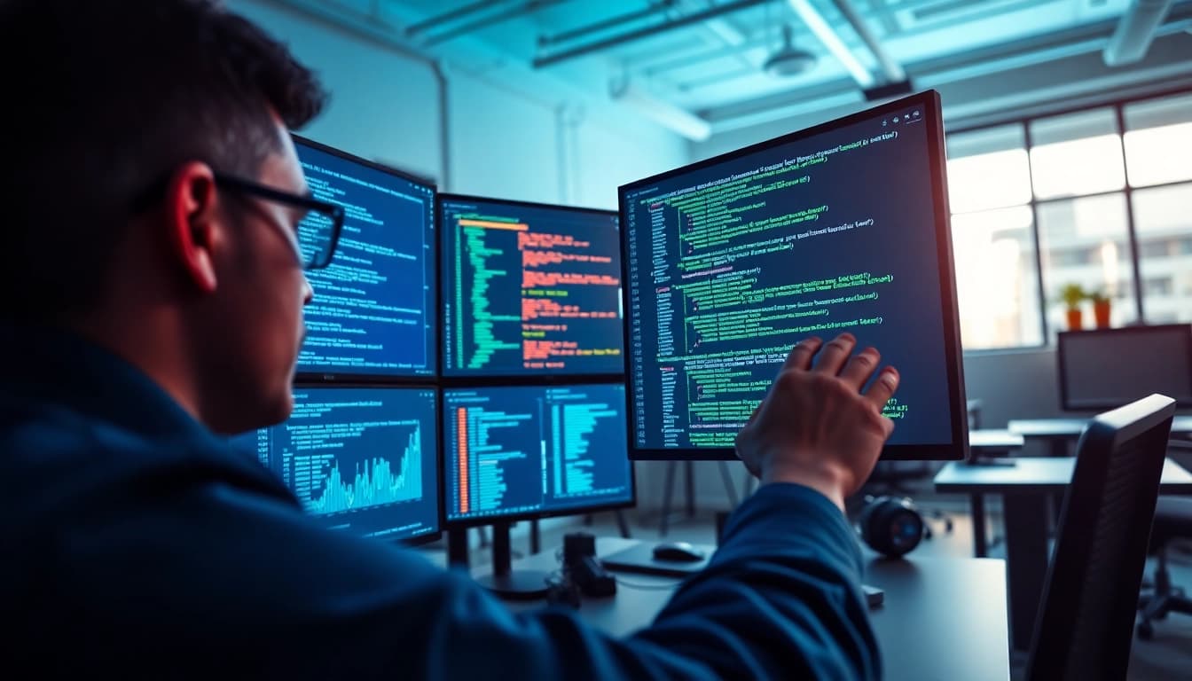 Implementing test automation tool with software engineer examining results and code insights.