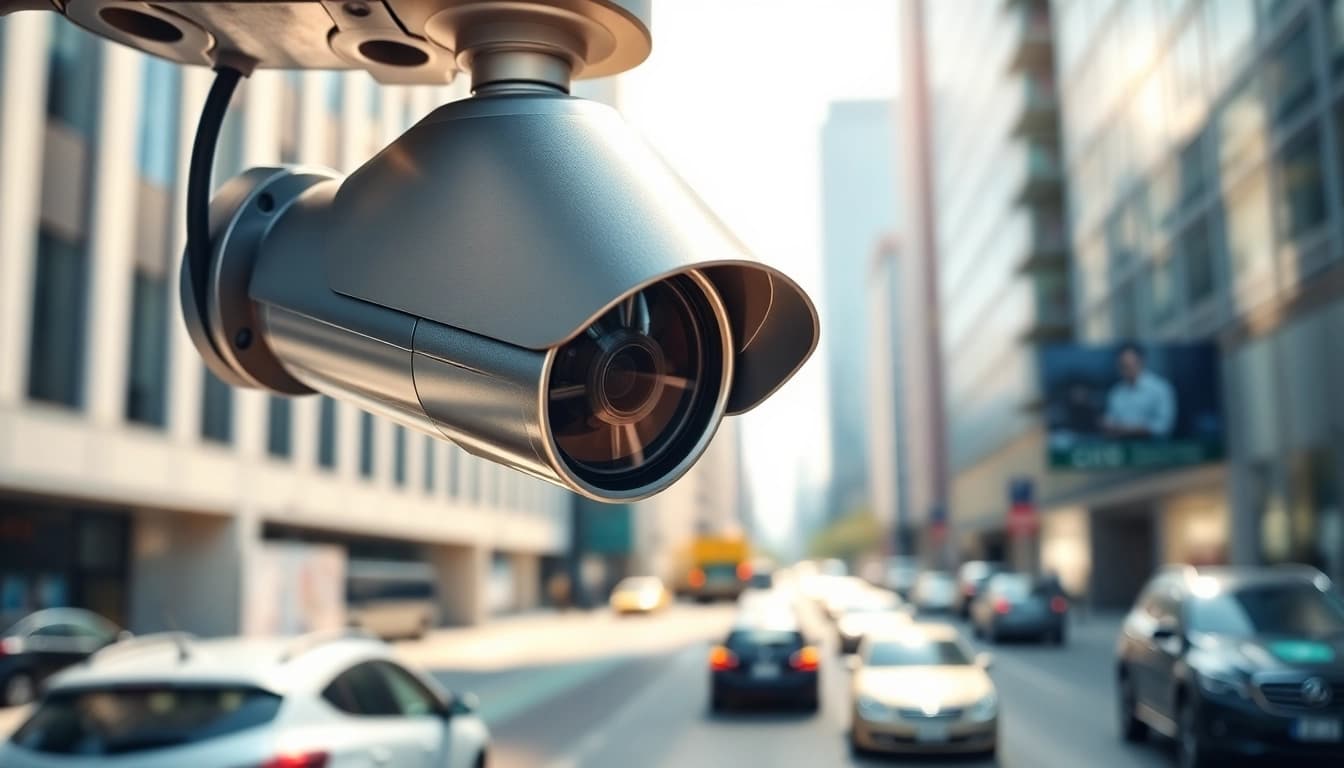 License plate recognition camera monitoring vehicles in an urban setting.