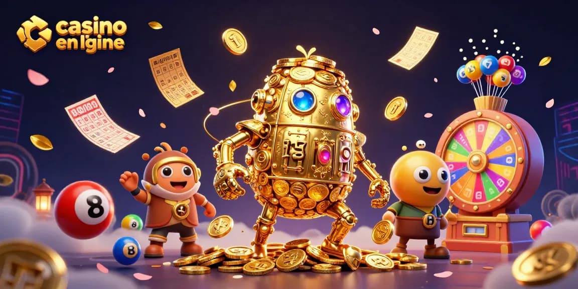 Jouer au casino en ligne avec un golem doré et des éléments de loterie colorés.
