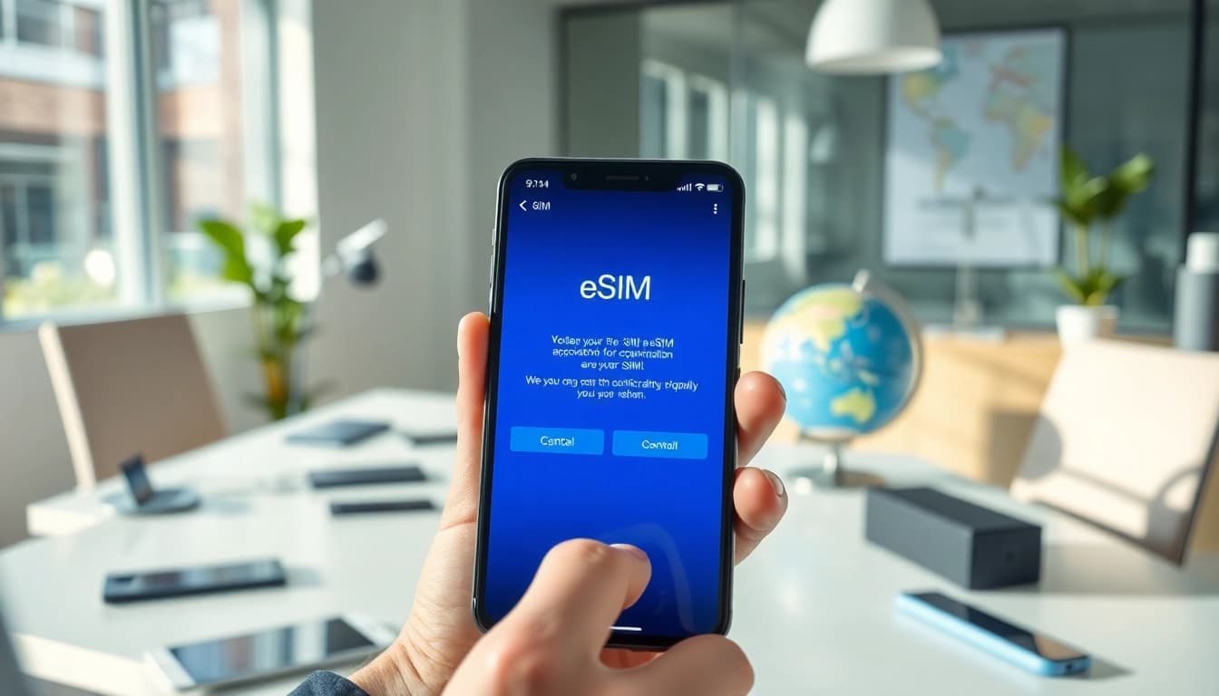 Activate eSIM on your smartphone at https://esimfo.com in a modern office setting.