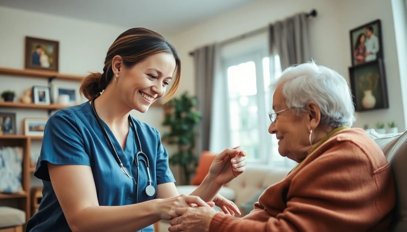 Caregiver providing in home care austin tx to a smiling elderly client in a warm living room setting.