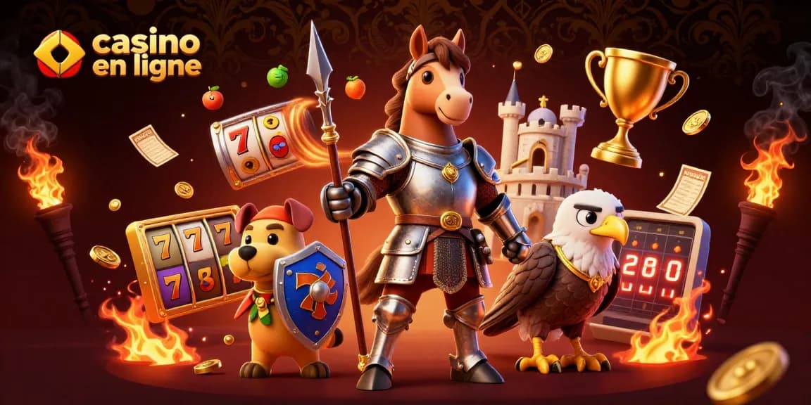 Un chevalier et un chiot s'illuminent au casino en ligne avec des symboles de jackpot et des pièces d'or.