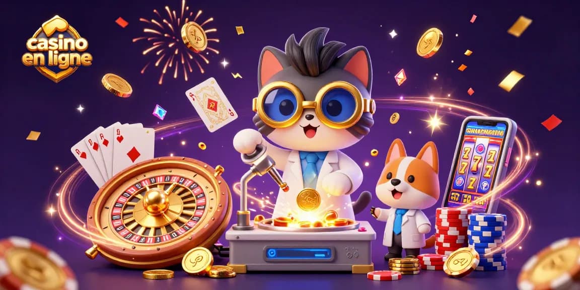 Visualiser l'excitation d'un casino en ligne avec une machine à pièces dorées, un chat scientifique et un chien assistant.