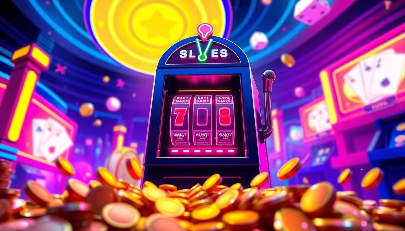 Menangkan QRIS108 Slot dengan mesin slot futuristik penuh warna dan koin berkilauan.
