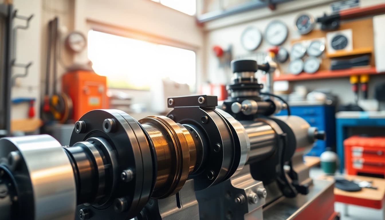 Showcasing custom hydraulic equipment with precision design elements in an industrial workshop.