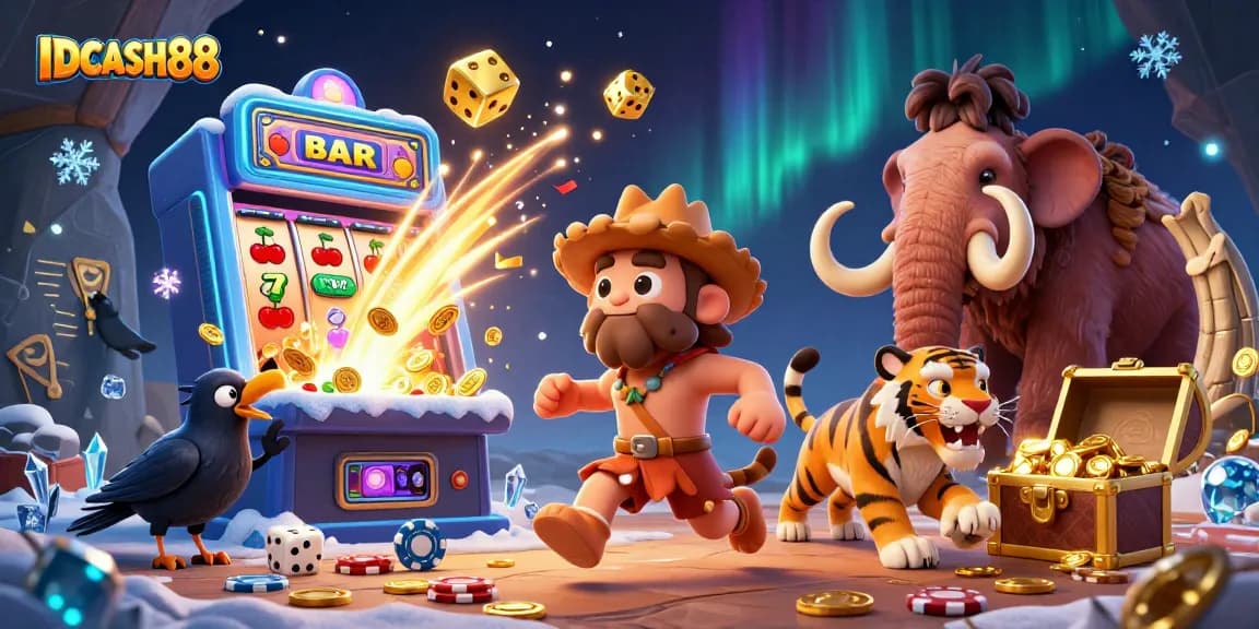 Experience the excitement of IDCASH88 with a dynamic, 3D casino scene featuring charming characters, jackpot symbols, and vibrant colors.