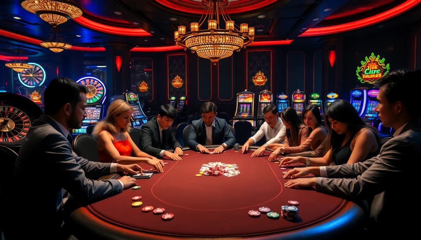Players engaging in an intense poker game at Nhà cái MM88, surrounded by vibrant casino elements.