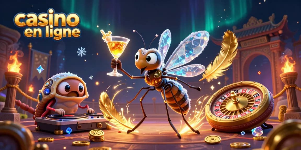 Visitez notre casino en ligne et découvrez le DJ trilobite et la mascotte moustique dans une scène animée.