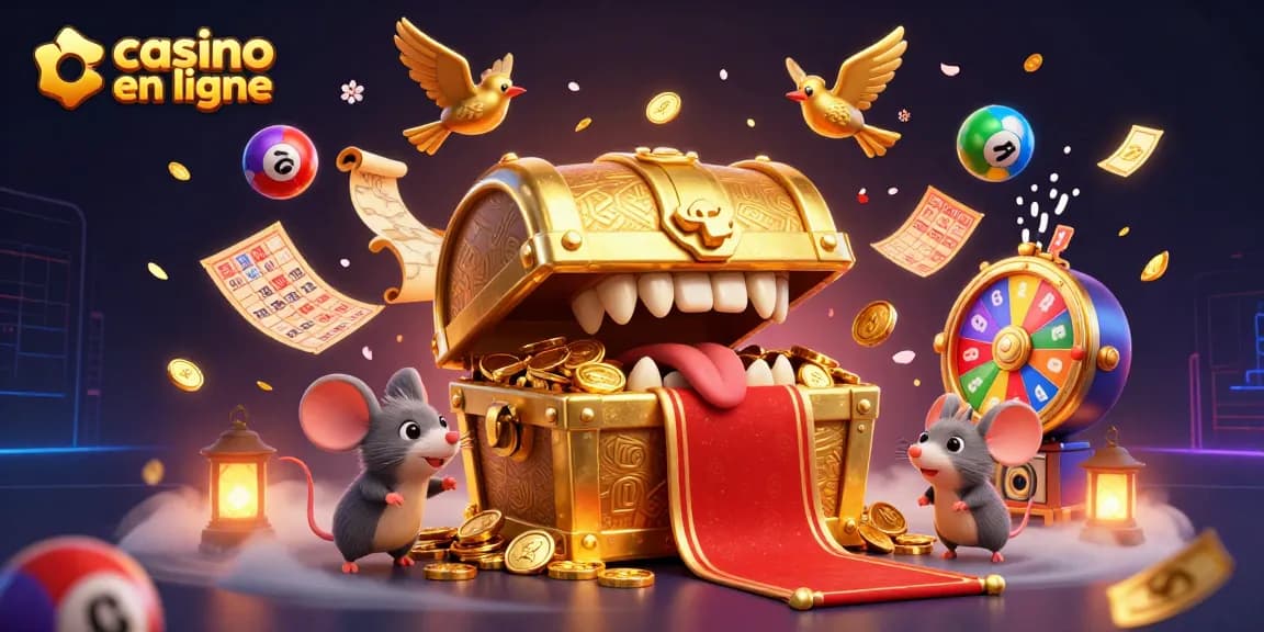 Vivez l'excitation du casino en ligne avec ce visuel dynamique rempli de jeux, de loteries et d'aventures.