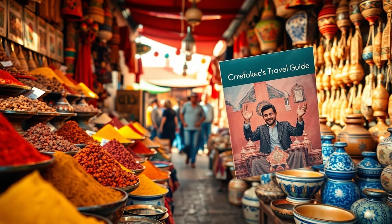 Engaging travel guide promoting onelifetrips amidst vibrant Marrakech markets filled with colors.
