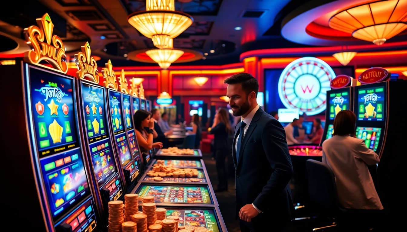 Celebrate wins at a toto slot machine in a luxurious casino atmosphere filled with excitement.