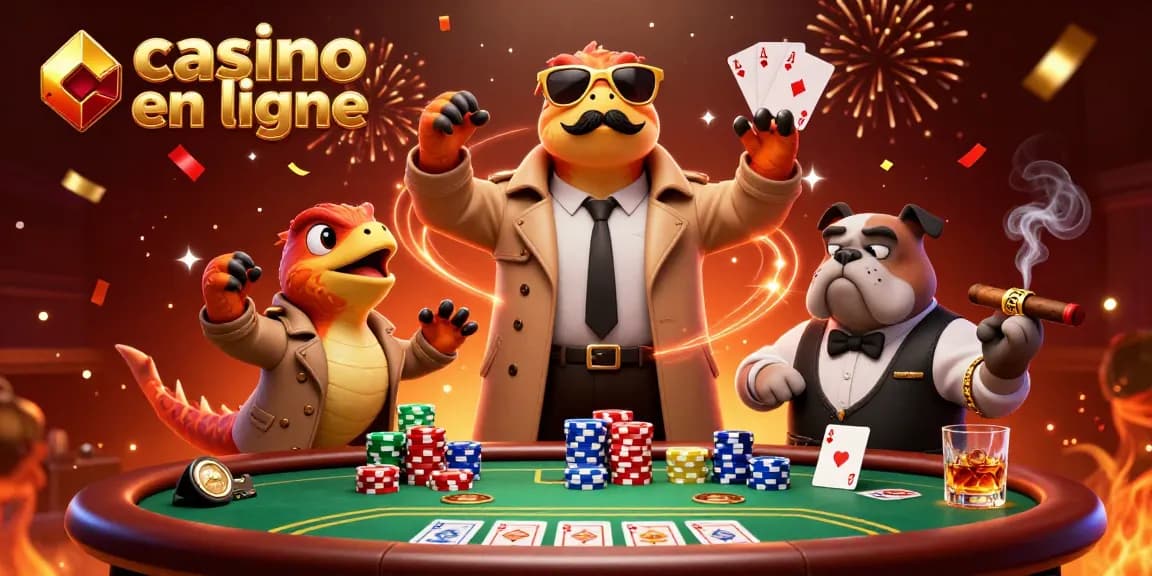 Trois raptors déguisés entrant dans un casino en ligne, entourés de jetons et de cartes.