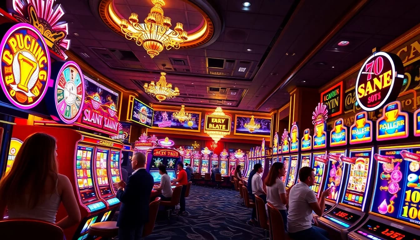 Menggambarkan pengalaman bro138 slot yang menarik dengan pemain bersemangat dan mesin slot berwarna cerah.