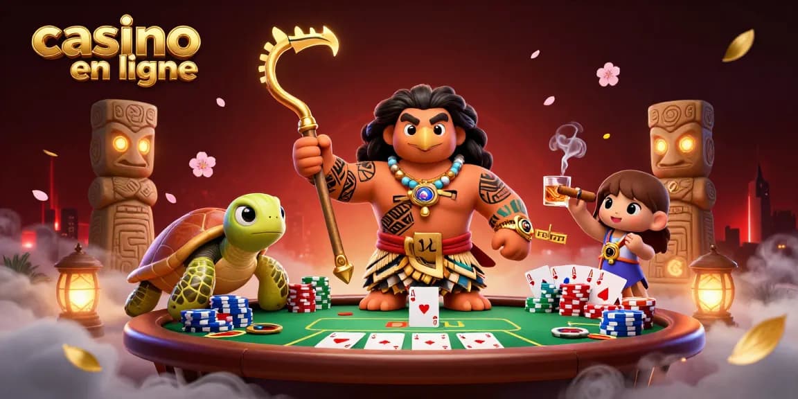 Découvrez une scène captivante de casino en ligne avec un dieu démigod et des éléments de poker.