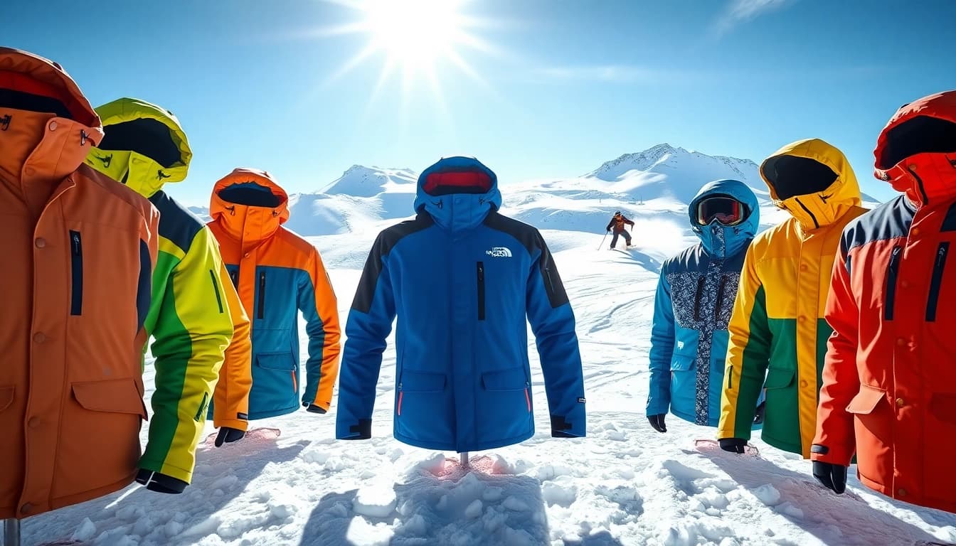 Showcase of ski jackets highlighting waterproof features and vibrant designs.