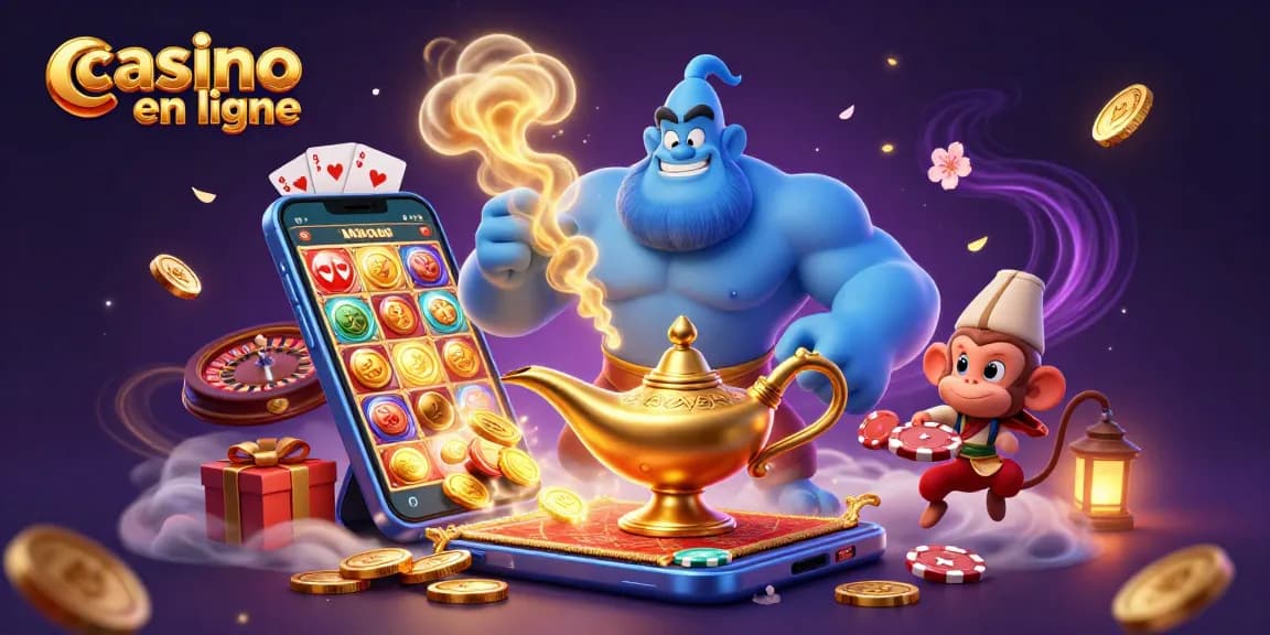 Jouer sur un casino en ligne avec une illustration de génie dans une lampe et un tapis magique, jets de poker