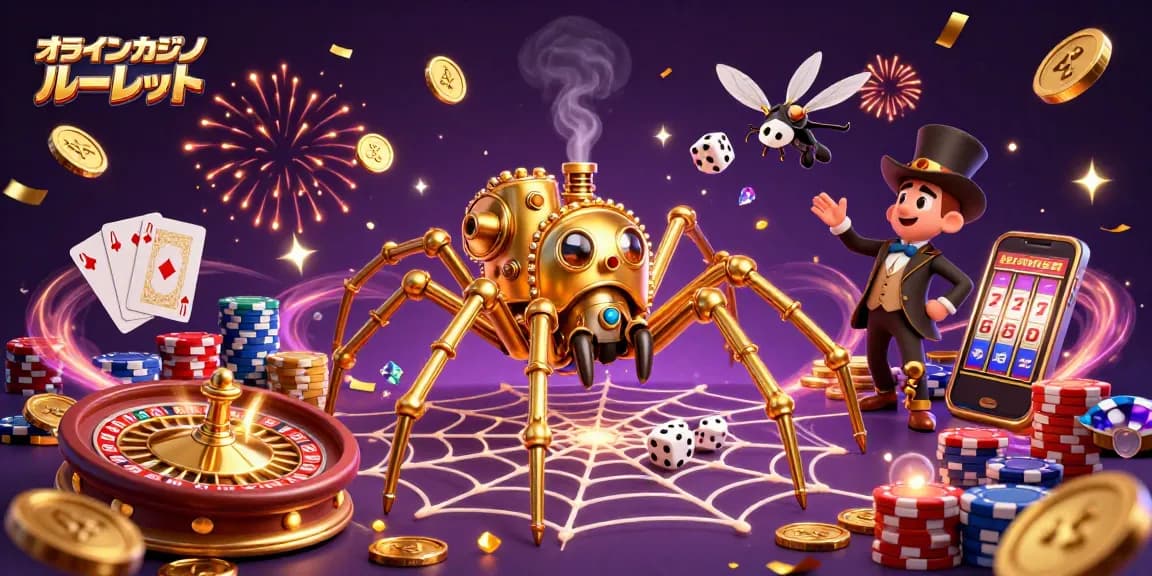 オンラインカジノ ルーレットの興奮を表現する3Dイラスト、スチームパンクの蜘蛛とバイオリンの紳士が登場