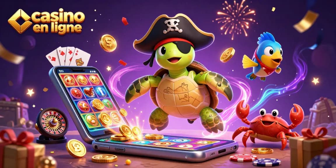 Jouez et gagnez avec casino en ligne : animation colorée et joyeuse avec une tortue, un crabe et un poisson.