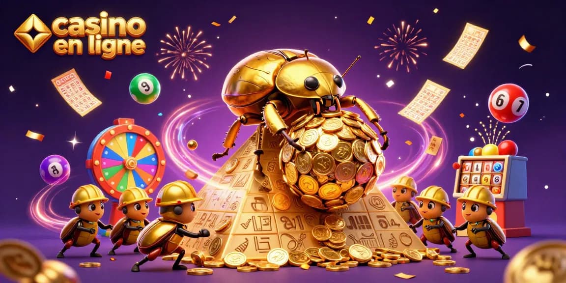 Une scène animée représentant un casino en ligne avec des personnages ludiques et des éléments de loterie.