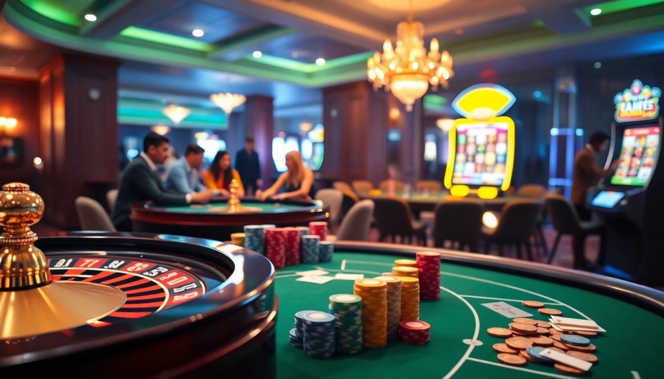 Experience the thrill of gameplay at FABET with interactive casino tables, colorful chips, and a dynamic atmosphere.