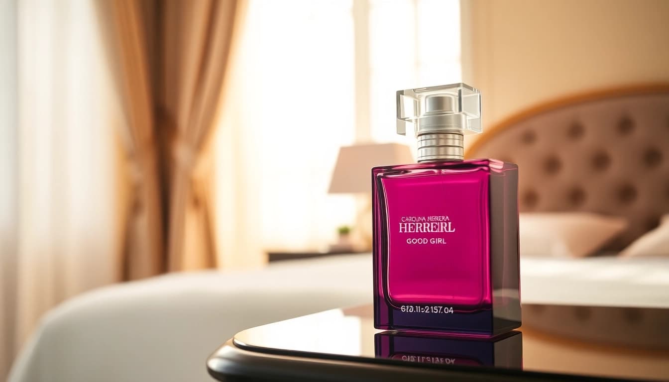 Admiring Carolina Herrera Good Girl perfume on a chic vanity table in a cozy setting.