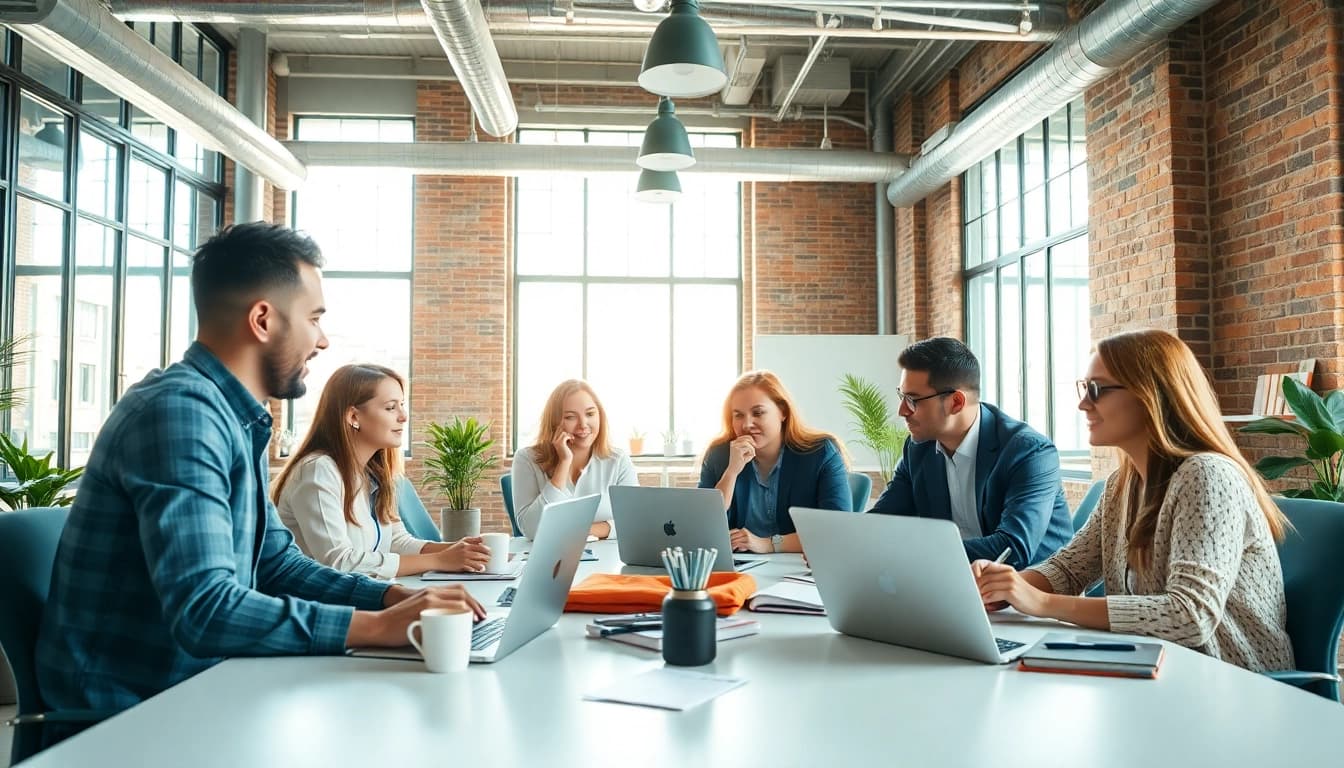 Zoek naar informatie op https://enqueteplein.nl terwijl een team overlegt in een moderne werkomgeving.