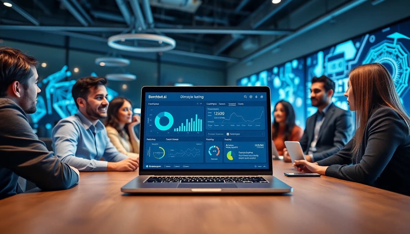 Enhance your AI testing with https://benchbot.ai showcasing a modern workspace and collaborative team dynamics.
