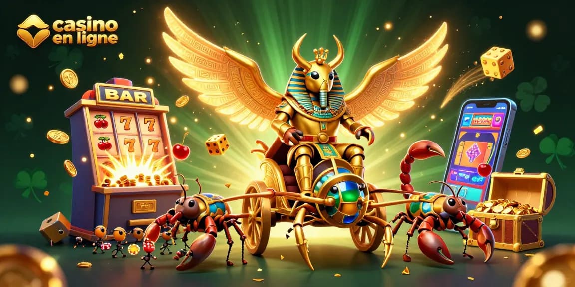 Visualisez un casino en ligne avec un scarabée 3D géant et des éléments de jeu captivants.