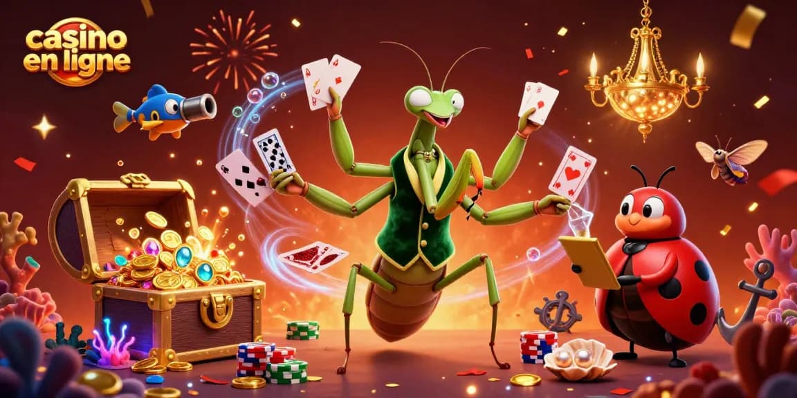 Illustration colorée d'un casino en ligne avec une mante géante et des éléments de jeu animés.