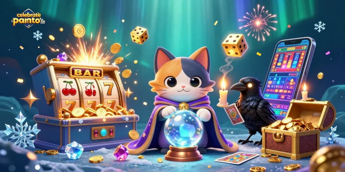 Engage with celebratepanto's vibrant 3D casino illustration, showcasing thrilling bonus buy slots and fortune-themed elements.