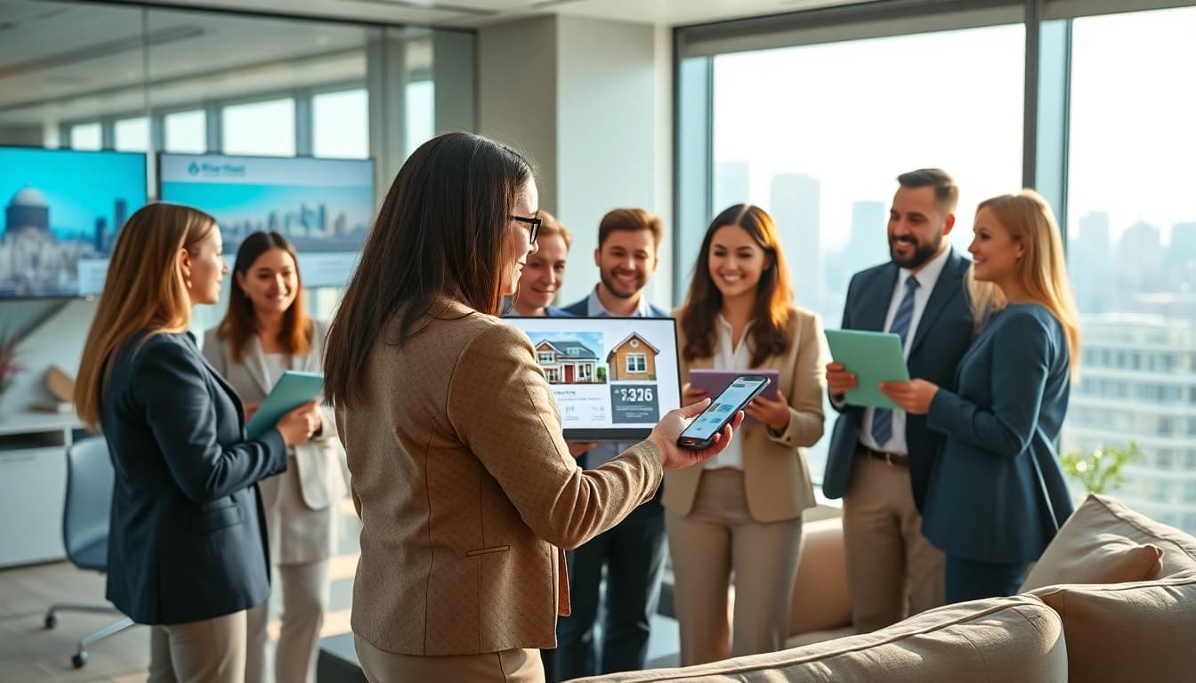 Real Estate agents collaborating with clients in a professional office environment.