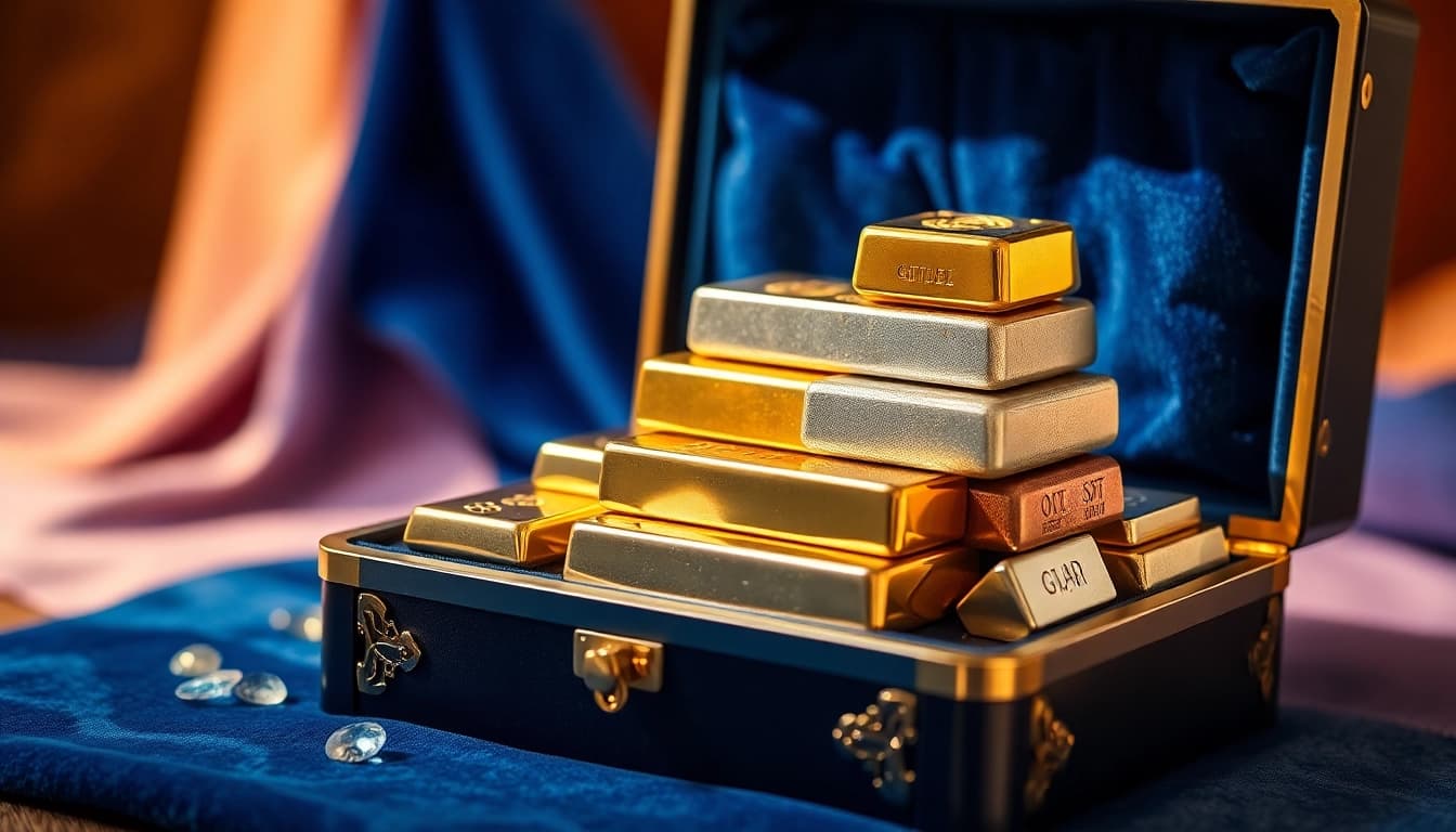 Showcase of precious metals including gold and silver bars arranged elegantly.