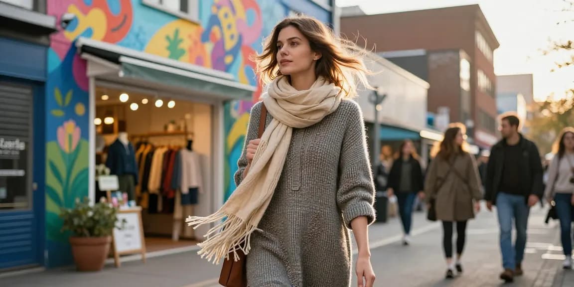 Woman in a handcrafted merino wool dress in an urban setting, showcasing sustainable fashion style.