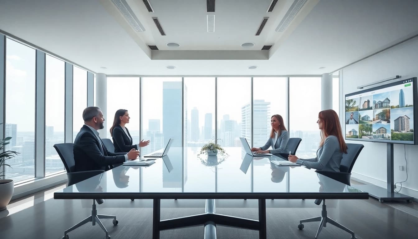 Engaging real estate consultation in a professional office that highlights teamwork.