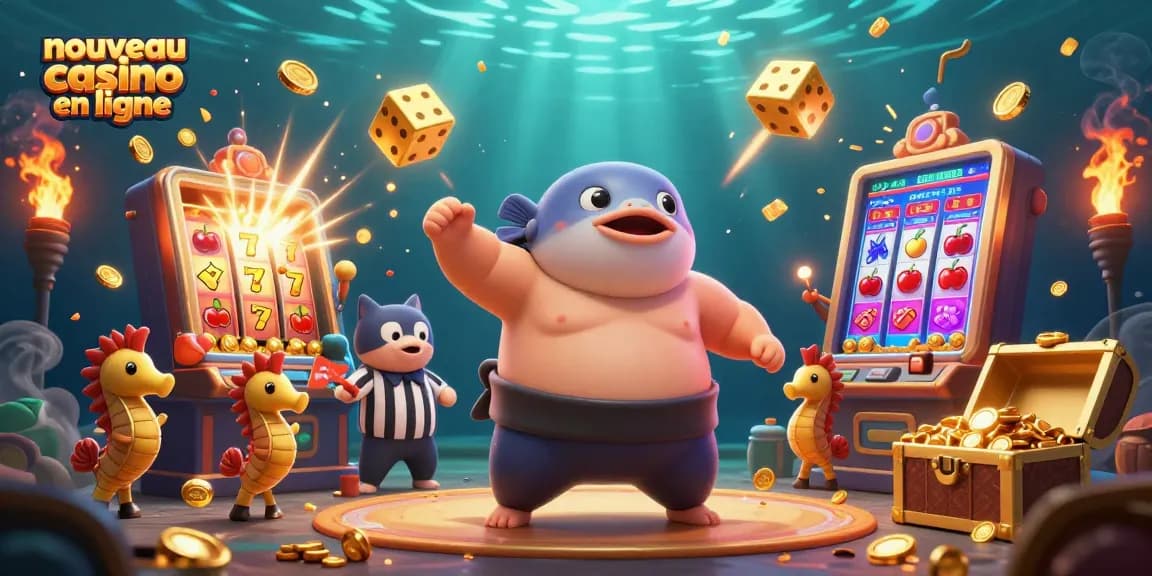 Illustration dynamique d'un nouveau casino en ligne avec un fugu, un arbitre poisson-chat et des spectateurs hippocampes.