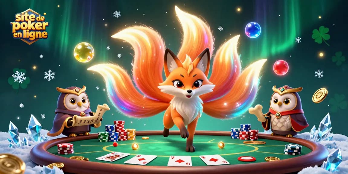 Le site de poker en ligne anime un espace vibrant avec un renard à neuf queues et un hibou sage entouré d'éléments de poker.